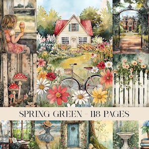 Boho Frühlingsgrün Vintage Scrapbook und Junk Journal, Retro Cottage Land, Ozean, Tier, Landschaft, Blumen, Ephemera Digitales Papier