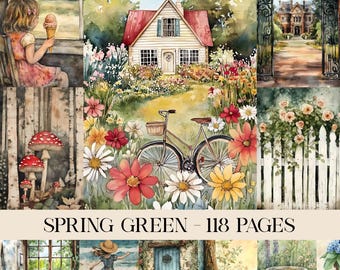 Boho Spring Green Vintage Scrapbook and Junk Journal, Retro Cottage Countryside, Ocean, Animal, Landscape, Floral, Ephemera Digital Paper