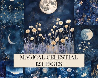 Magisches Junk Journal Kit, Astrologie Seiten, Ephemera Mond, Junk Journal Seiten mit Blumenmuster Scrapbook Papiere
