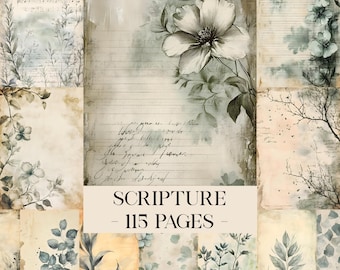 Utskrivbara sidor med skräpjournal i bibelstil, vintagekort, digitalt collageark, blommig skräpjournal, viktoriansk scrapbook, efemera-kalligrafi