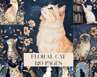 Cat Junk Journal Kit, Cat Journal Pages, Floral Cat Ephemera, Cat Digital Paper, Cat Scrapbook Paper, Kitten Junk Journal, Digital Download