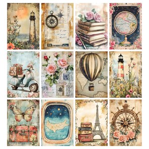 May include: A collection of vintage-style art prints featuring travel and exploration themes. Images include a lighthouse, compass, globe, scooter, hot air balloon, Eiffel Tower, and a ship's wheel, all with floral and antique map backgrounds.
