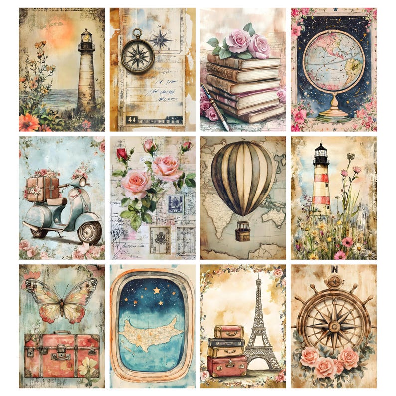 May include: A collection of vintage-style art prints featuring travel and exploration themes. Images include a lighthouse, compass, globe, scooter, hot air balloon, Eiffel Tower, and a ship's wheel, all with floral and antique map backgrounds.