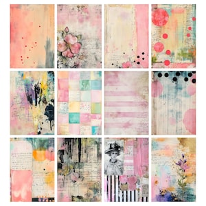 May include: A collection of twelve mixed media art prints. Each print features a unique design with watercolor washes, floral elements, and vintage ephemera. Colors include pink, peach, blue, and yellow. Some prints have text and geometric patterns.