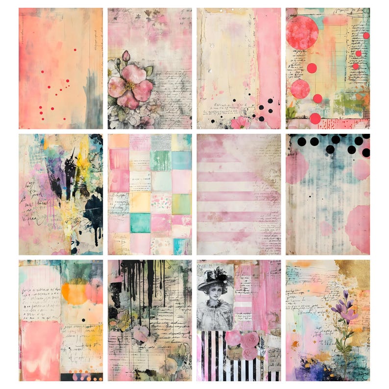 May include: A collection of twelve mixed media art prints. Each print features a unique design with watercolor washes, floral elements, and vintage ephemera. Colors include pink, peach, blue, and yellow. Some prints have text and geometric patterns.