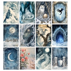 May include: A collection of twelve watercolor paintings featuring fantasy themes. Dragons, owls, and winter landscapes are depicted in a variety of scenes. The artwork showcases a cool color palette with blues, whites, and hints of pink, creating a whimsical and enchanting atmosphere.