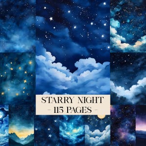Op de afbeelding: Een verzameling aquarel illustraties met een sterrennacht met wolken en sterren. De tekst "Starry Night - 115 Pages" staat op een crème banner. De afbeeldingen zijn overwegend blauw en wit.