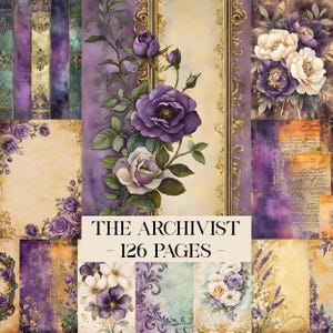 May include: A digital collage featuring various floral and vintage-style designs in shades of purple, cream, and gold. The text "THE ARCHIVIST - 126 PAGES -" is displayed. The designs include roses, decorative frames, and textured backgrounds.