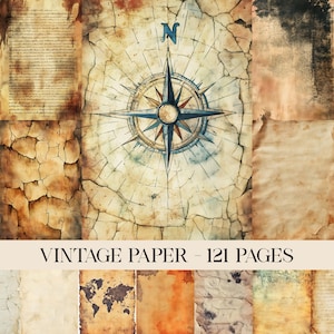 以下が含まれることがあります： コンパスローズのデザインが施されたヴィンテージペーパーのコレクション。紙は、茶色、タン、クリーム色など、さまざまな質感と色合いを持ち、使い古されたような外観をしています。「VINTAGE PAPER - 121 PAGES」というテキストが下部に表示されています。