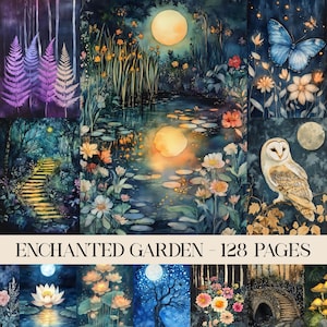 May include: A collection of watercolor illustrations featuring an enchanted garden theme. The images showcase scenes with moons, flowers, butterflies, and an owl. The text "ENCHANTED GARDEN - 128 PAGES" is displayed at the bottom.