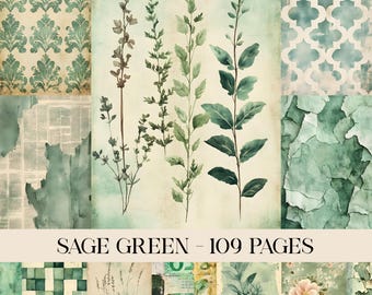 Sage Green Junk Journal Paper, Vintage Shabby Chic Motif, Antique Deco Grunge Distressed Background Digital Paper Scrapbook Sage Green Paper