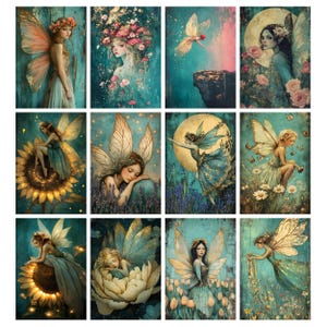 Puede incluir: Una colecci&oacute;n de doce grabados de arte fant&aacute;stico que representan hadas et&eacute;reas con delicadas alas. Cada obra de arte muestra un hada en una pose &uacute;nica, rodeada de flores, girasoles o contra un fondo iluminado por la luna. La paleta de colores incluye verde azulado, dorado y pasteles suaves.