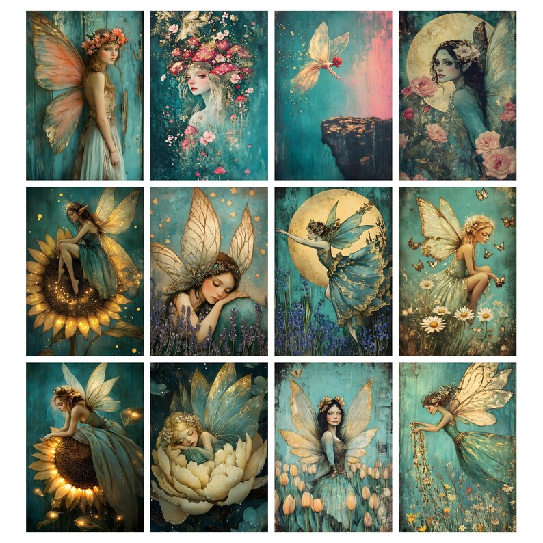 Puede incluir: Una colecci&oacute;n de doce grabados de arte fant&aacute;stico que representan hadas et&eacute;reas con delicadas alas. Cada obra de arte muestra un hada en una pose &uacute;nica, rodeada de flores, girasoles o contra un fondo iluminado por la luna. La paleta de colores incluye verde azulado, dorado y pasteles suaves.