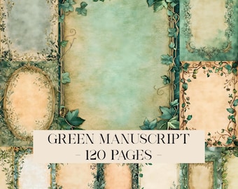 Green Renaissance Illuminated Manuscript Paper Pages, Digital Junk Journal Medieval Paper Pack, Historical Ornamental Illumination Scrapbook