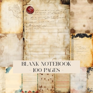Op de afbeelding: Een verzameling vellen papier in vintage-stijl met diverse ontwerpen, waaronder verouderd perkament met handgeschreven tekst, een rood waszegel, rasters, lijnen, landkaarten en florale randen, gelabeld als een leeg notitieboek met 100 pagina's.