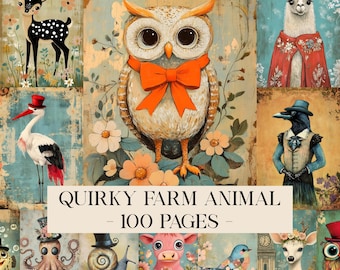 May include: A collage of whimsical farm animal illustrations, including an owl with an orange bow tie, a deer, a llama, and a stork. The text "Quirky Farm Animal - 100 Pages" is displayed at the bottom of the image.