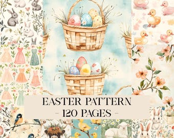 Puede incluir: Un collage de patrones con temática de Pascua. Los patrones incluyen cestas de Pascua con huevos decorados, conejos, patos, corderos, vestidos florales y pájaros. El texto "EASTER PATTERN - 120 PAGES -" se muestra.