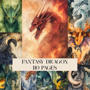 May include: A collection of fantasy dragon illustrations in various colors, including green, red, and blue. The artwork features detailed dragon portraits and scenes, with the text "FANTASY DRAGON - 110 PAGES" at the bottom.