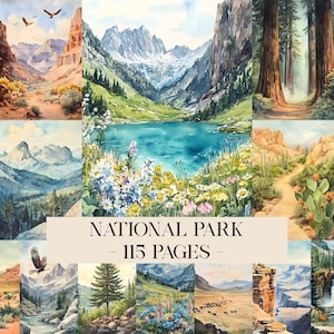 May include: A collection of watercolor paintings depicting various National Park landscapes. The images showcase mountains, lakes, canyons, and forests. The text "NATIONAL PARK - 115 PAGES -" is displayed across the center of the image.