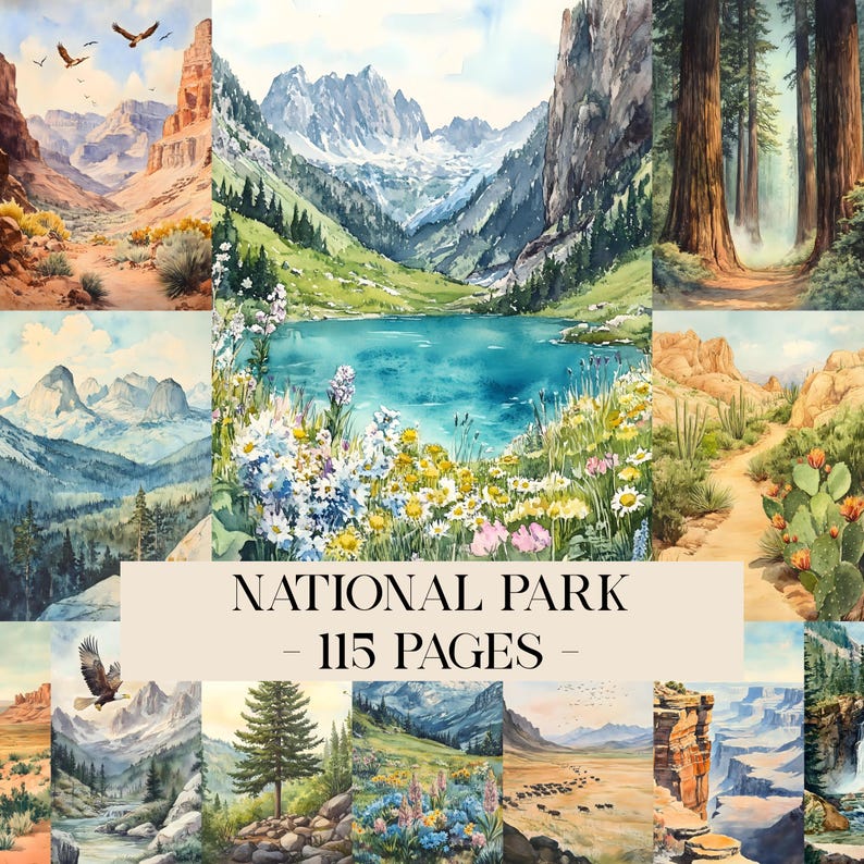 K&ouml;nnte beinhalten: Eine Sammlung von Aquarellmalereien, die verschiedene Nationalparklandschaften darstellen. Die Bilder zeigen Berge, Seen, Canyons und W&auml;lder. Der Text "NATIONAL PARK - 115 PAGES -" wird in der Mitte des Bildes angezeigt.