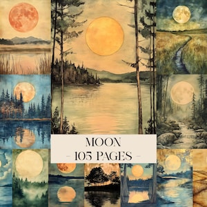 May include: A collection of watercolor paintings featuring full moons over various landscapes. The scenes include lakes, forests, and fields, with a warm color palette of oranges, yellows, and blues. The text "MOON - 105 PAGES -" is displayed.
