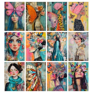 May include: A collection of twelve vertical art prints featuring portraits of women with butterfly and floral themes. The artwork uses a vibrant color palette with a mix of watercolor and collage techniques. Each piece showcases a unique style and expression.