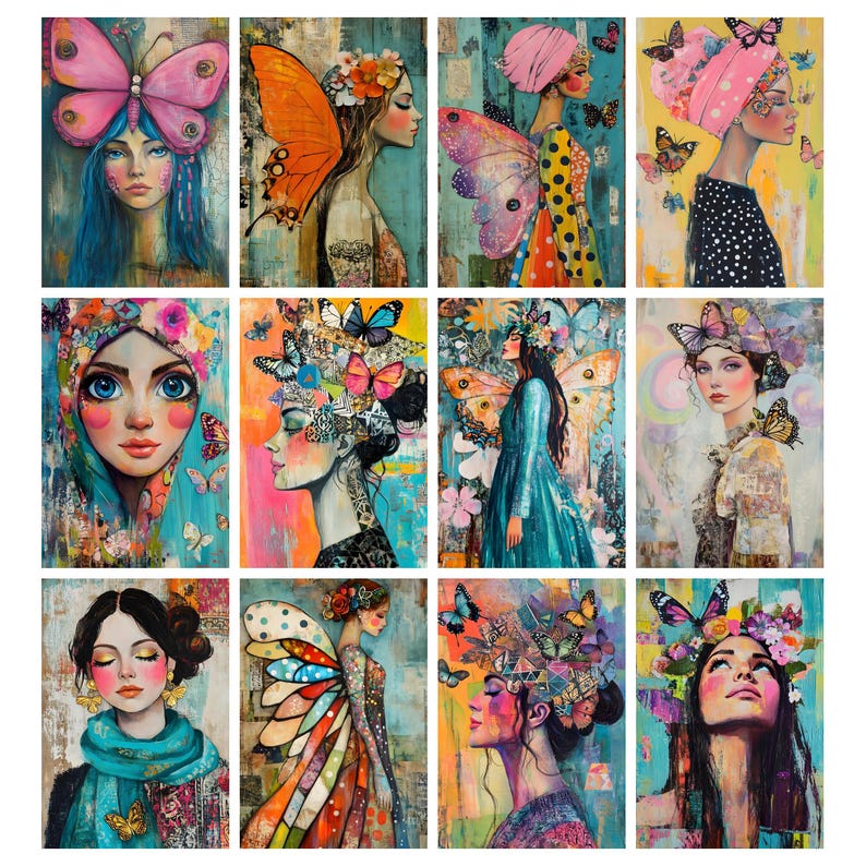 May include: A collection of twelve vertical art prints featuring portraits of women with butterfly and floral themes. The artwork uses a vibrant color palette with a mix of watercolor and collage techniques. Each piece showcases a unique style and expression.