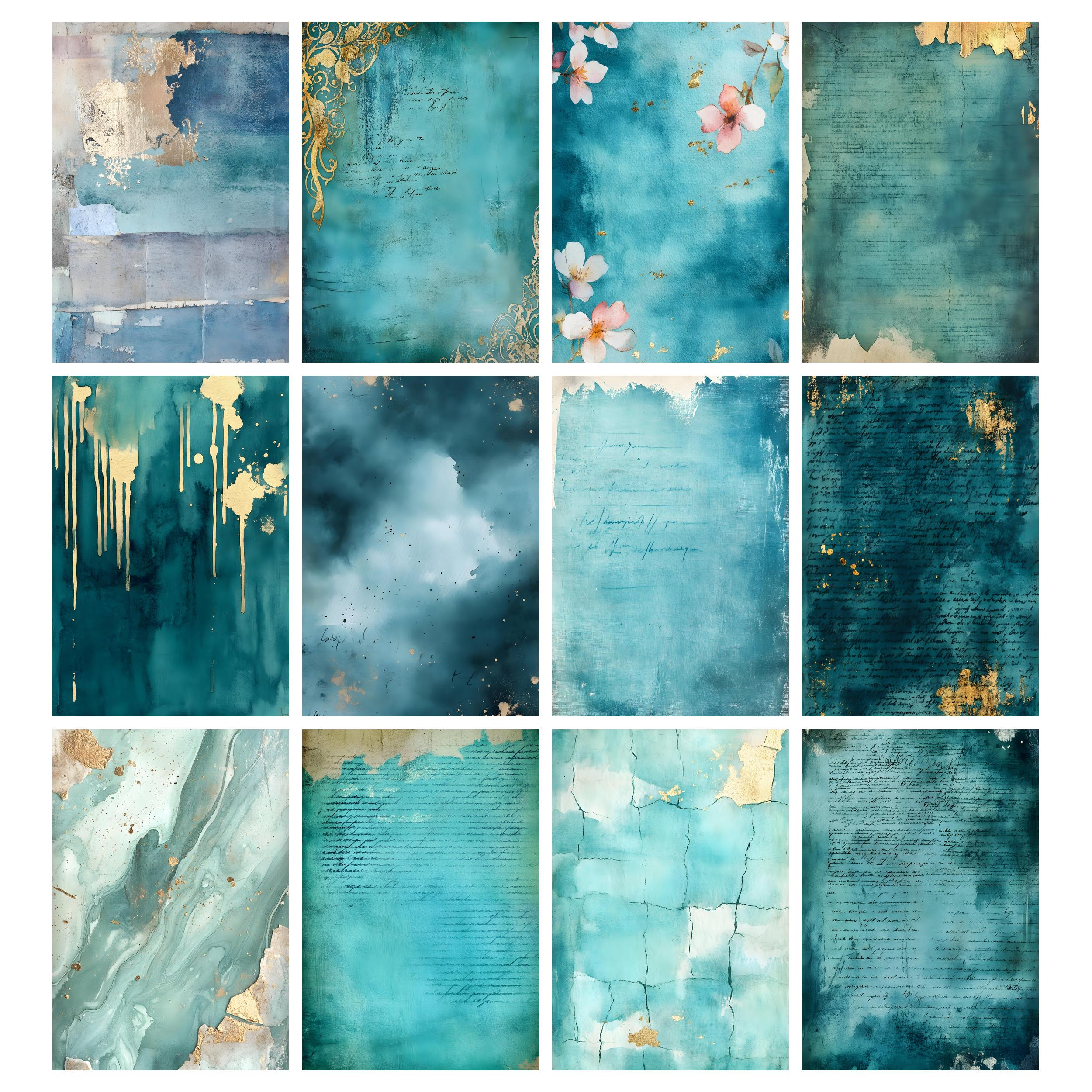 Teal and Gold Mixed Media Junk Journal Kit, Teal Junk Journal Pages ...