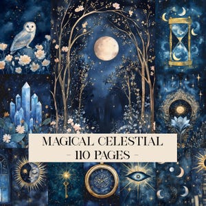 Puede incluir: Un collage de arte digital con temática celestial. La imagen presenta un búho, cristales, una luna llena y un reloj de arena. El texto "MAGICAL CELESTIAL - 110 PAGES" se muestra en una pancarta color crema. La paleta de colores incluye azules, dorados y blancos.