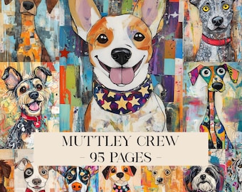 May include: A colorful artwork featuring a collage of cartoon dog portraits. The central dog is smiling, wearing a star-patterned bandana. The text "MUTTLEY CREW - 95 PAGES" is displayed at the bottom. The background is a mix of abstract brushstrokes.