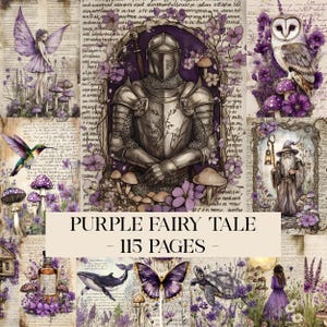 Könnte beinhalten: Eine Collage mit Illustrationen eines Ritters, einer Eule, einer Fee und eines Zauberers, mit lila floralen Akzenten und Pilzen. Der Text "PURPLE FAIRY TALE - 115 PAGES" ist zu sehen. Der Hintergrund enthält handschriftlichen Text.