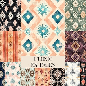 May include: A collection of patterned digital papers with an ethnic theme. The designs feature geometric shapes, diamonds, and starbursts in various colors, including teal, coral, and black. The text "ETHNIC - 107 PAGES" is displayed in the center.