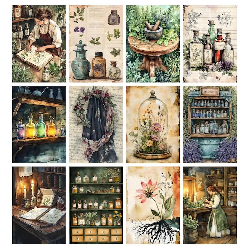 May include: A collection of watercolor illustrations depicting apothecary themes. Images include a woman writing in a book, bottles, herbs, a mortar and pestle, a cloche with flowers, and shelves filled with bottles. The color palette is muted with greens, browns, and blues.