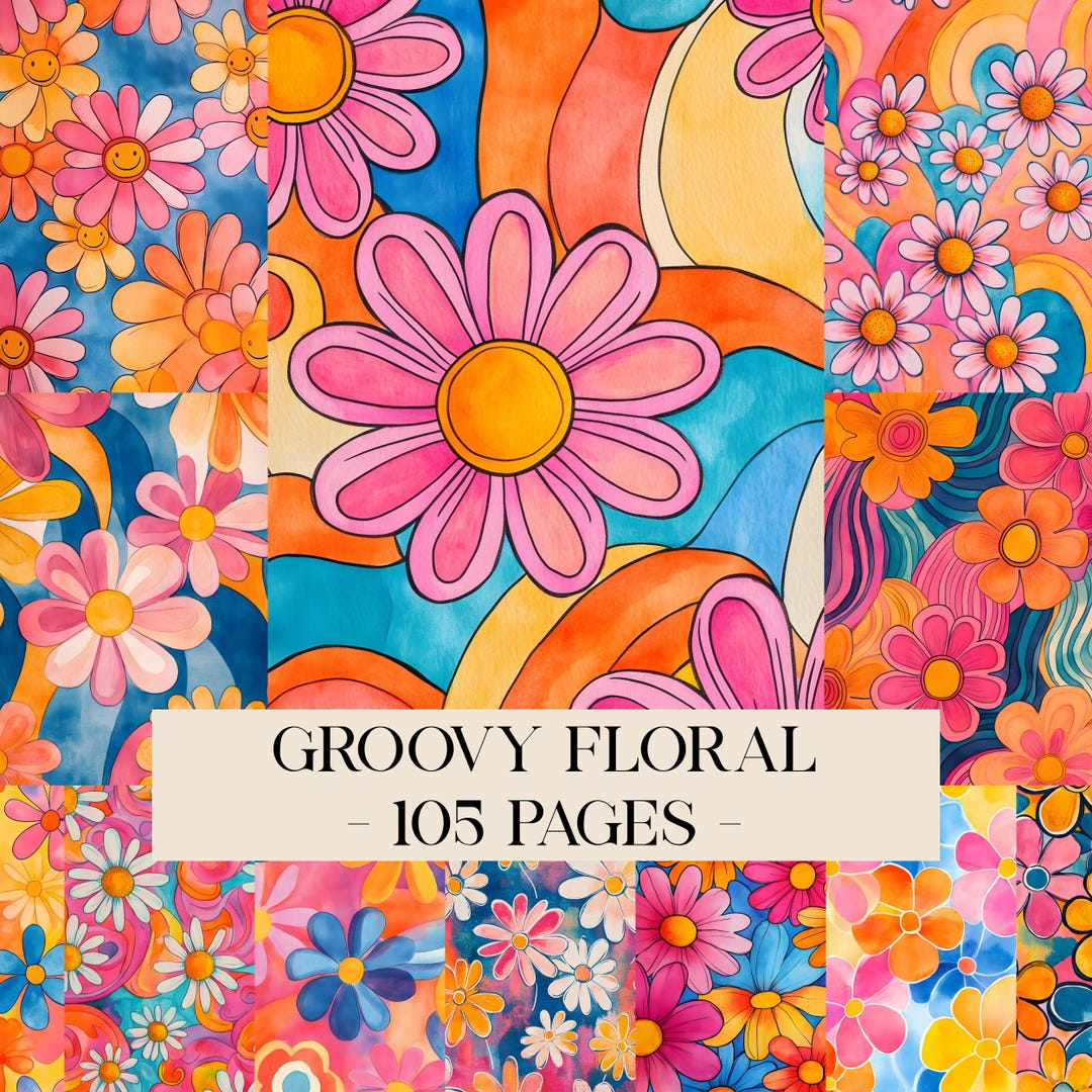 Groovy Digital Papers, Groovy Pattern, 70s Pattern, Retro Floral ...