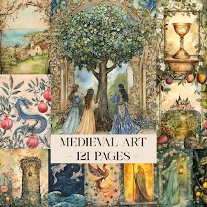 May include: A selection of watercolour illustrations with a medieval theme. The images feature a tree with three women, a dragon, a chalice, a castle, and other scenes. The text "MEDIEVAL ART - 121 PAGES" is also visible.