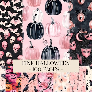 Pack de papiers numériques roses et noirs pour Halloween : motifs aquarelle fantaisistes et mystérieux, pages de scrapbooking gothiques pour journal créatif et album photo.