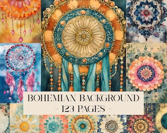 Kit de papel para diario basura bohemio, efímera imprimible bohemia abstracta desgastada, patrón de fondo de hoja de collage de álbum de recortes digital hippie