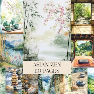 May include: A collection of watercolor illustrations with an Asian Zen theme. The images feature serene landscapes with bamboo, cherry blossoms, and tranquil scenes. Text on the image reads "ASIAN ZEN - 110 PAGES".