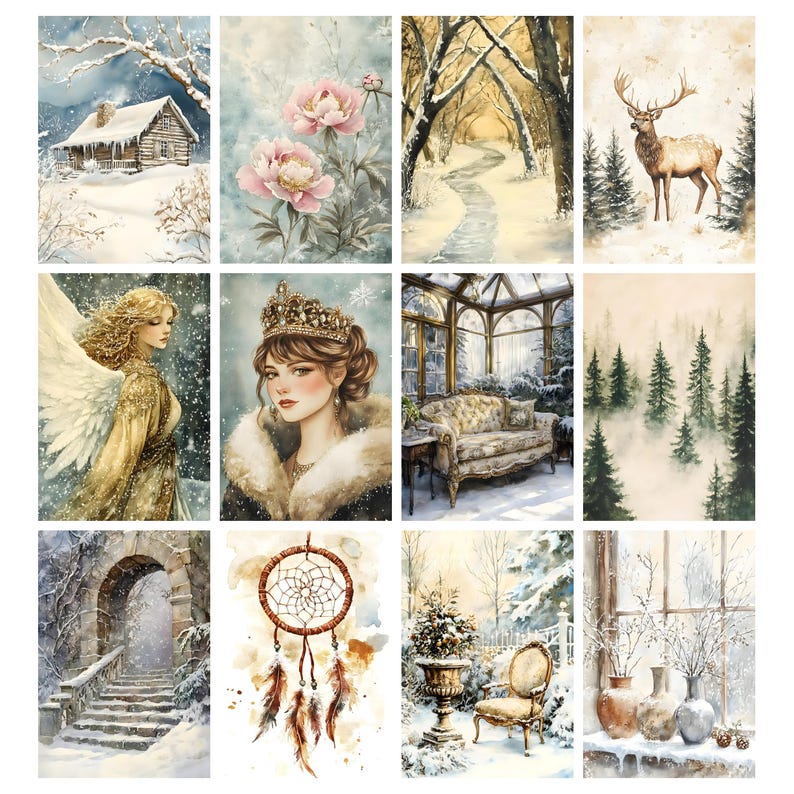 Winter Shabby Chic Junk Journal Pages, Snow Digital Paper, Winter ...