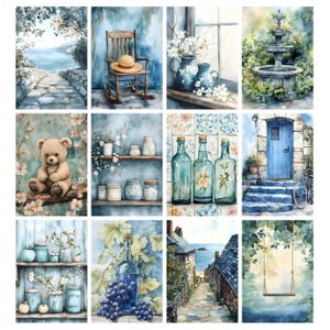May include: A collection of watercolor paintings featuring serene scenes. The images include a stone pathway, a rocking chair with a hat, vases with flowers, a fountain, a teddy bear, shelves with jars, bottles, a blue door, a coastal village, and a swing.