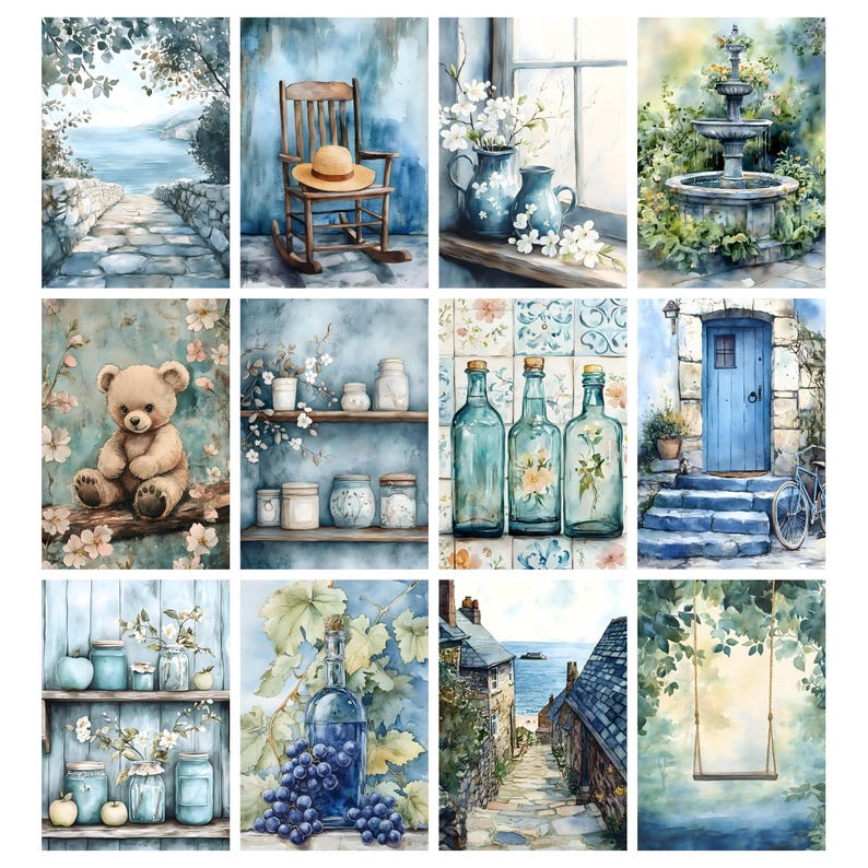 May include: A collection of watercolor paintings featuring serene scenes. The images include a stone pathway, a rocking chair with a hat, vases with flowers, a fountain, a teddy bear, shelves with jars, bottles, a blue door, a coastal village, and a swing.