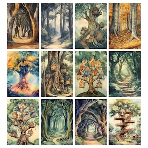 May include: A collection of twelve watercolor prints depicting whimsical forest scenes. The artwork features pathways, trees with treehouses, and atmospheric lighting. The color palette includes greens, browns, and touches of gold, creating a fantasy theme.