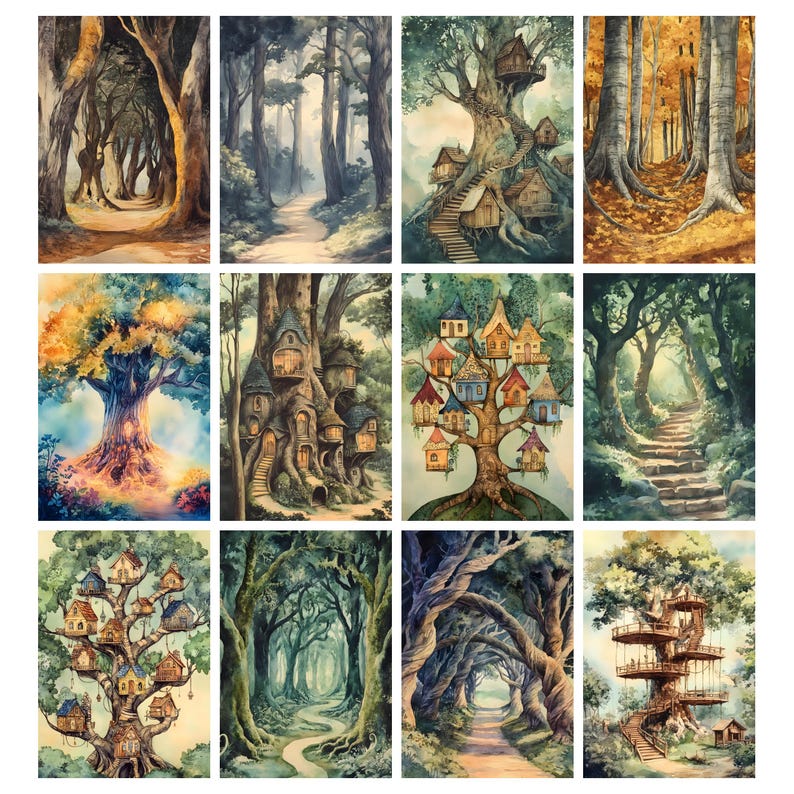 May include: A collection of twelve watercolor prints depicting whimsical forest scenes. The artwork features pathways, trees with treehouses, and atmospheric lighting. The color palette includes greens, browns, and touches of gold, creating a fantasy theme.