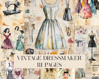 Può includere: Un collage con illustrazioni ad acquerello di abiti vintage, macchine da cucire e strumenti da sarta. Il testo "VINTAGE DRESSMAKER - 111 PAGES" è visualizzato. La tavolozza dei colori comprende blu tenui, creme e tocchi di rosa.