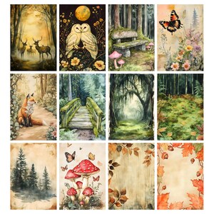 Pu&ograve; includere: Una collezione di stampe artistiche ad acquerello con scene di foresta. Le stampe raffigurano cervi, gufi, una volpe, un ponte, funghi e foglie autunnali. La tavolozza dei colori comprende verdi, marroni e gialli, creando un'estetica stravagante e naturale.