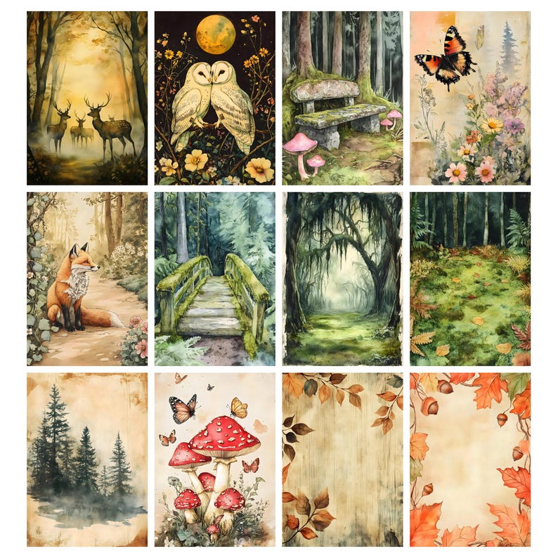 Pu&ograve; includere: Una collezione di stampe artistiche ad acquerello con scene di foresta. Le stampe raffigurano cervi, gufi, una volpe, un ponte, funghi e foglie autunnali. La tavolozza dei colori comprende verdi, marroni e gialli, creando un'estetica stravagante e naturale.