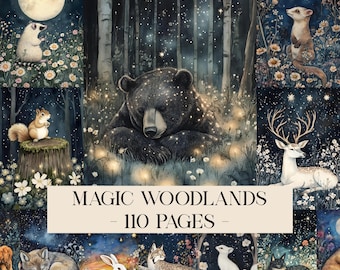 Kit de carnets de notes Magic Woodlands, pages de carnet de notes animaux de la forêt, papier de revues de cochonneries de la forêt, feuille de collage numérique, papiers de scrapbooking