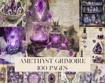 May include: A collage of illustrations featuring amethyst crystals, potion bottles, and handwritten notes. The text "AMETHYST GRIMOIRE - 100 PAGES" is displayed. The color palette is dominated by shades of purple and beige.