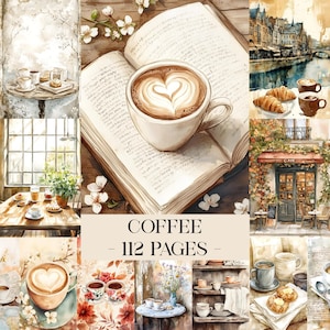 May include: A collage of watercolor illustrations featuring coffee and cafe scenes. A cup of coffee with heart-shaped latte art sits on an open book. The text "COFFEE - 112 PAGES" is displayed.