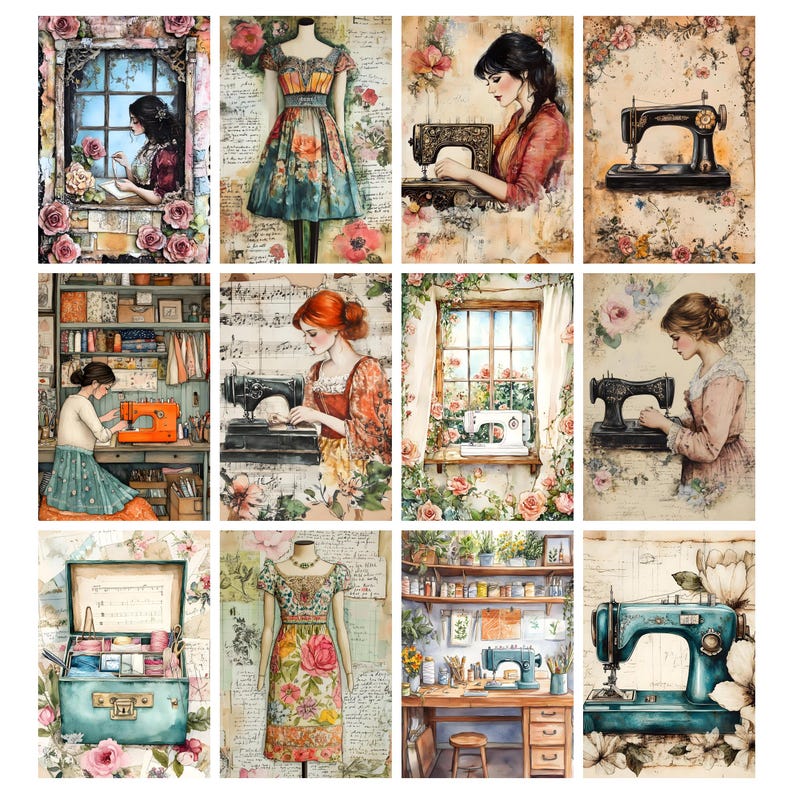 Vintage Sewing Junk Journal Pages, Digital Scrapbook Paper Kit ...